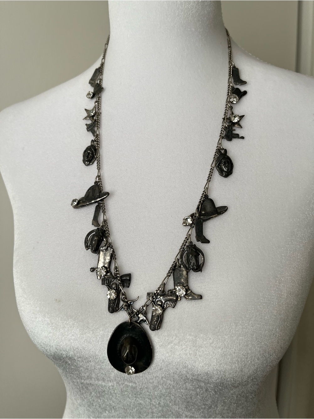 Cowboy Hat Horse Boot Charm Western Inspired Necklace Silver Tone Long 26”